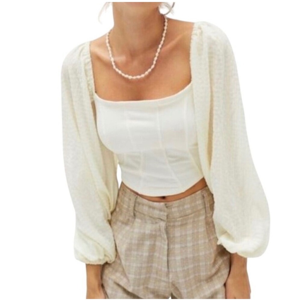 Urban Outfitters Ribbed Corset Top Cream Balloon Sleeve Seersucker Crop Medium